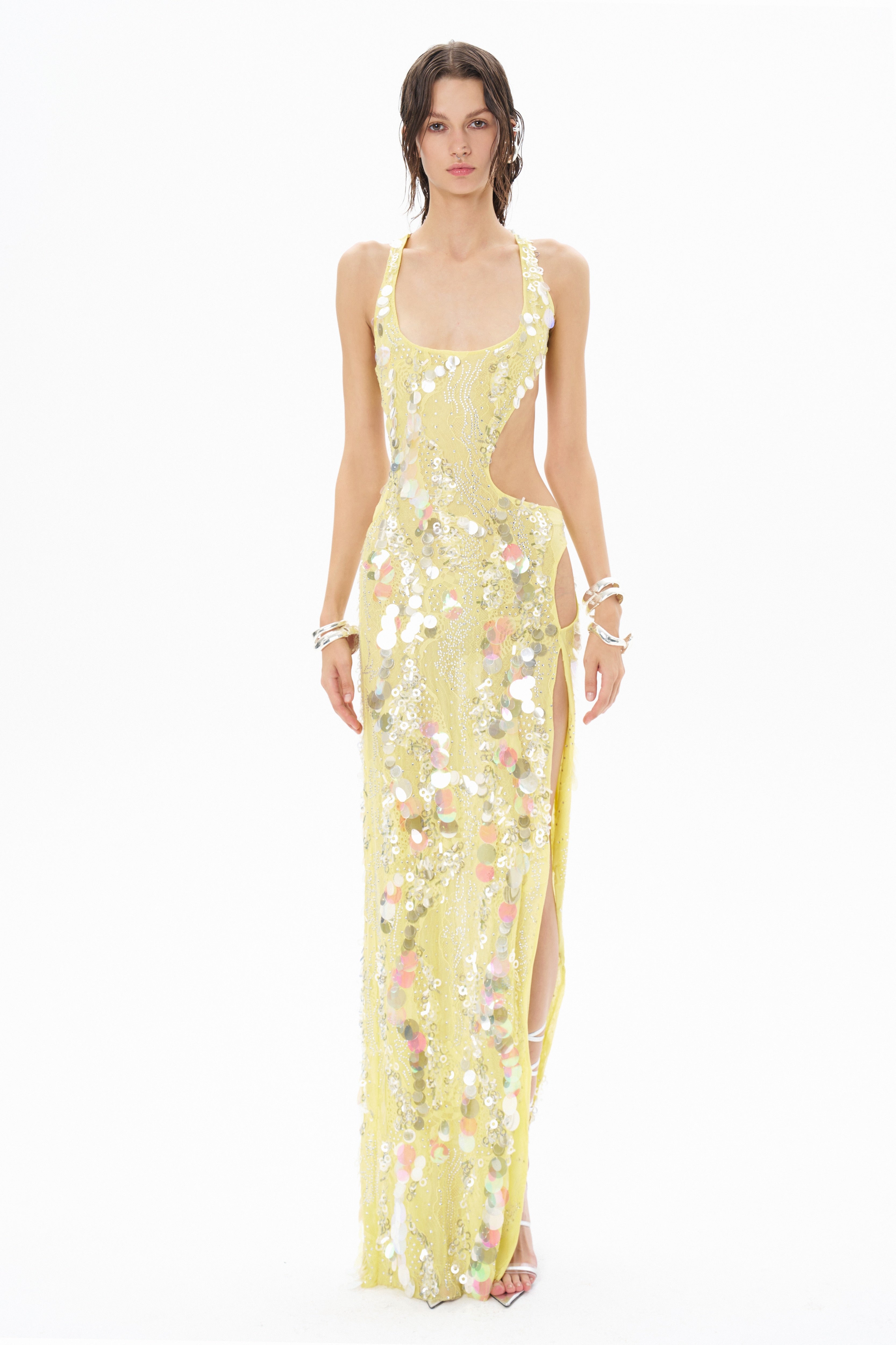 YELLOW MAXI DRESS WITH DEEP SLIT EMBELLISHED WITH COLORFUL SEQUINS – Fardaofficial YELLOW MAXI DRESS WITH DEEP SLIT EMBELLISHED WITH COLORFUL SEQUINS – Fardaofficial