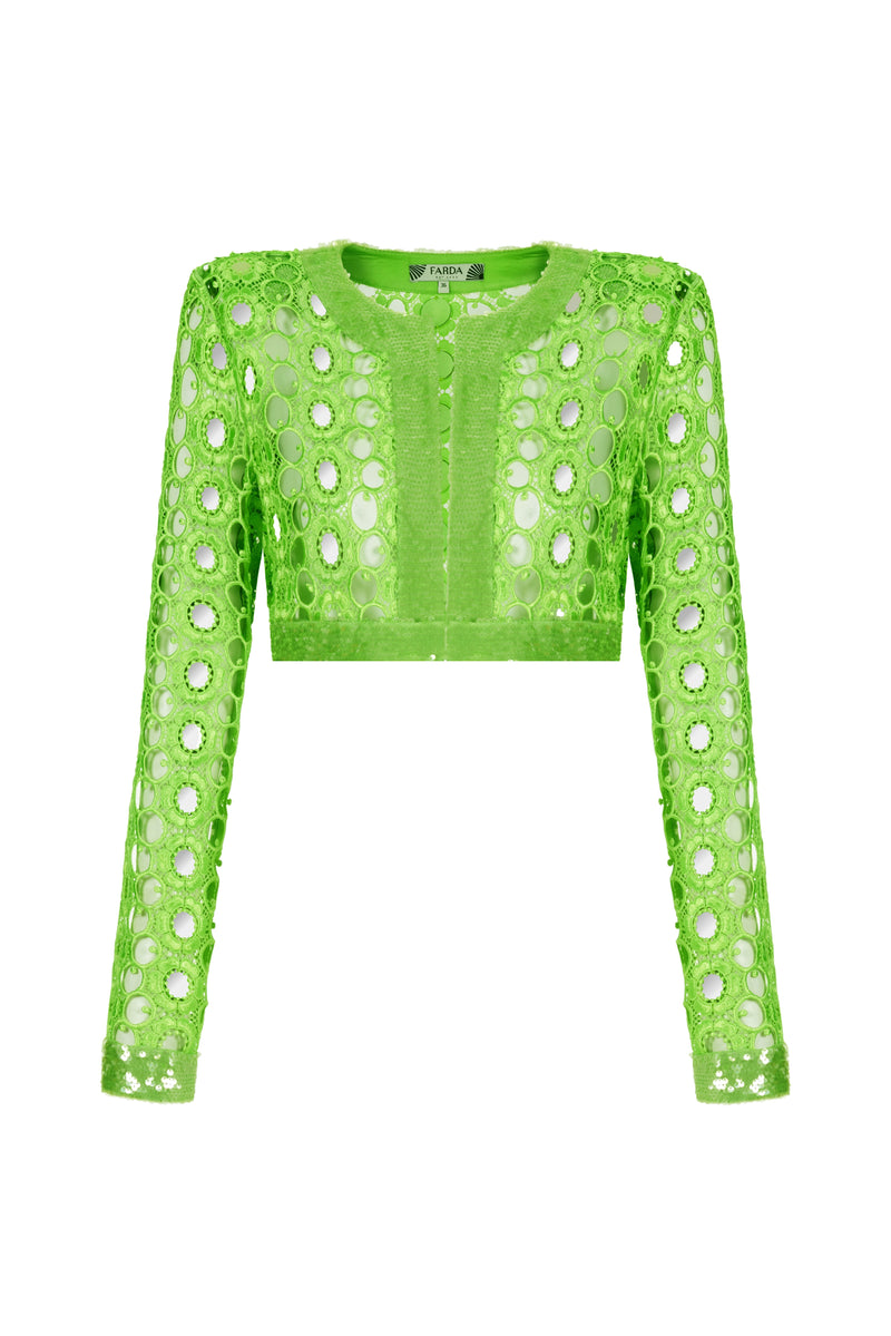 GREEN CROP JACKET EMBELLISHED WITH MIRROR SEQUINS