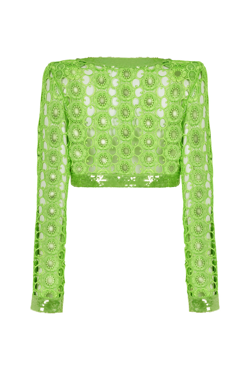 GREEN CROP JACKET EMBELLISHED WITH MIRROR SEQUINS