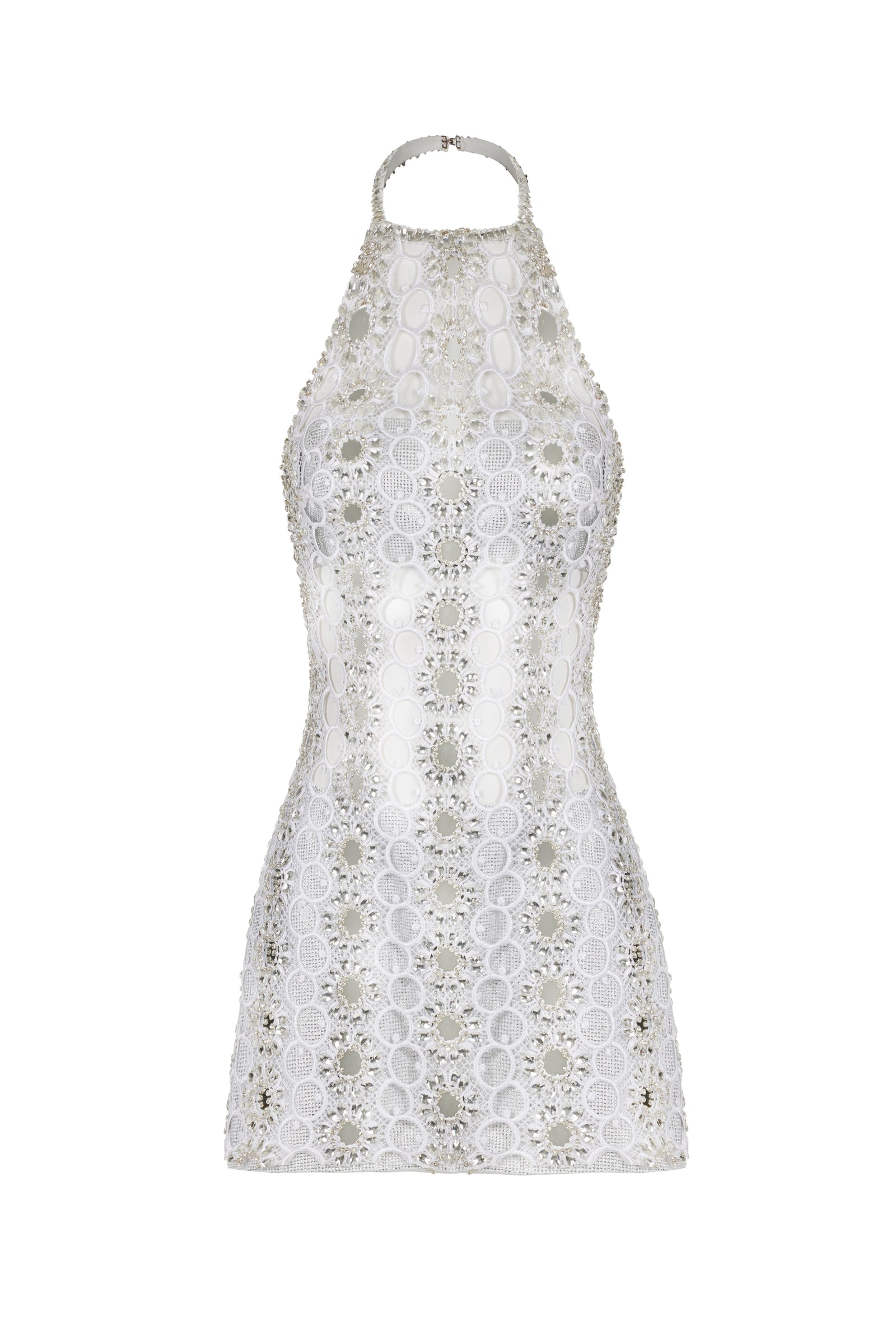 HALTER NECK LACE MINI DRESS EMBELLISHED WITH MIRROR SEQUINS Fardaofficial HALTER NECK LACE MINI DRESS EMBELLISHED WITH MIRROR SEQUINS Fardaofficial