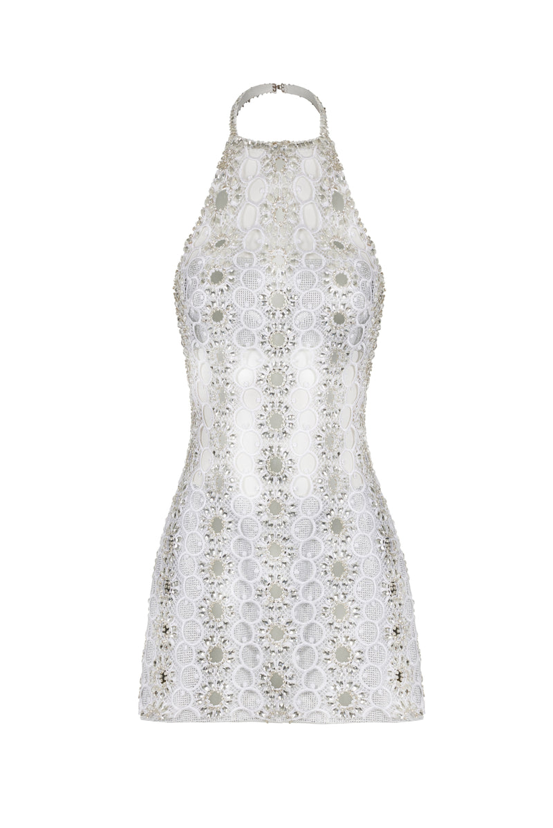 HALTER NECK LACE MINI DRESS EMBELLISHED WITH MIRROR SEQUINS Fardaofficial HALTER NECK LACE MINI DRESS EMBELLISHED WITH MIRROR SEQUINS Fardaofficial