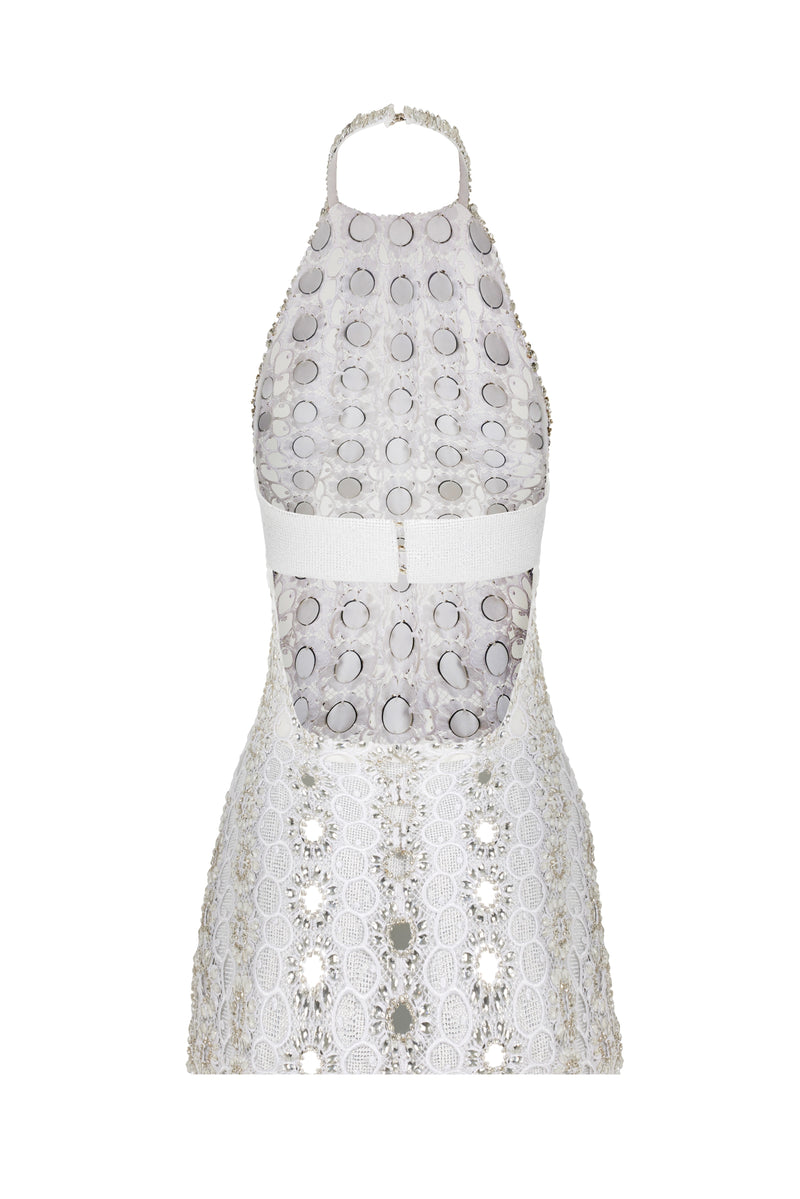 HALTER NECK LACE MINI DRESS EMBELLISHED WITH MIRROR SEQUINS Fardaofficial HALTER NECK LACE MINI DRESS EMBELLISHED WITH MIRROR SEQUINS Fardaofficial