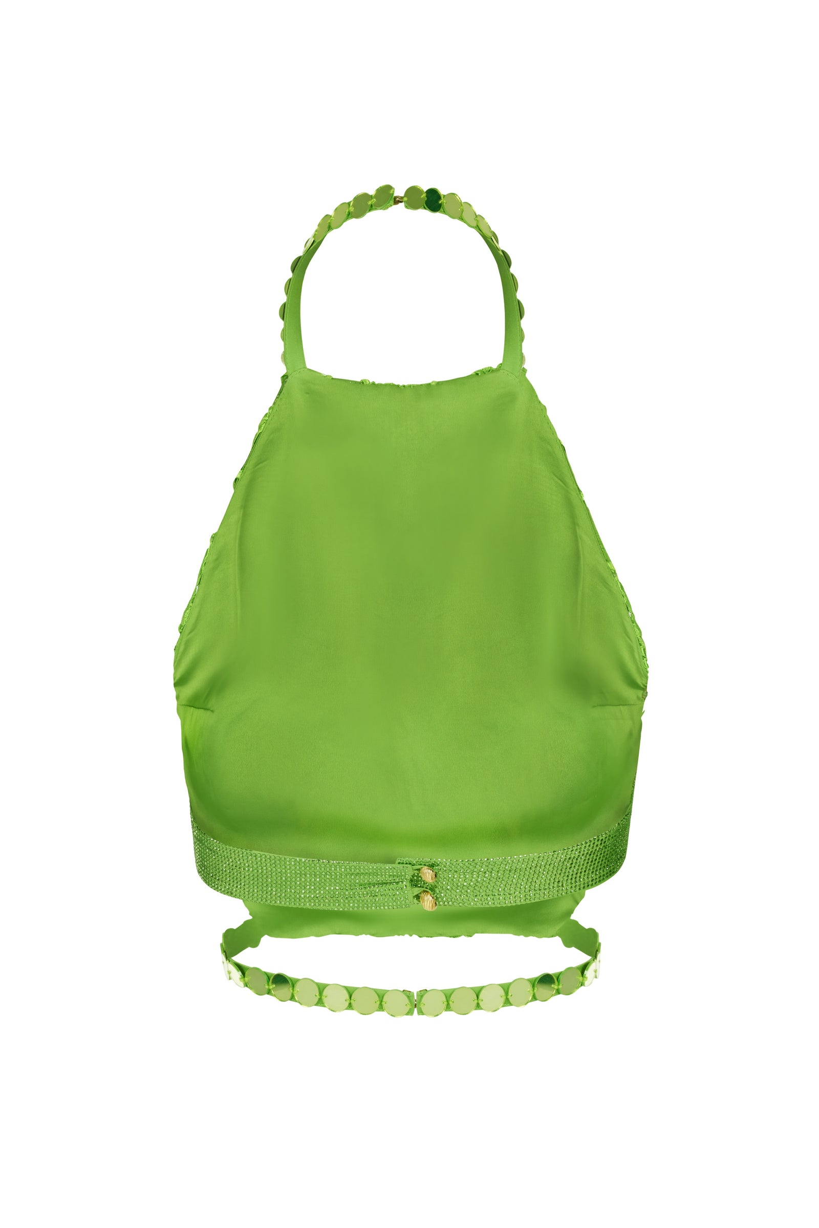 エリタラコ HALTER NECK GREEN CROP TOP EMBELLISHED WITH MIRROR SEQUINS