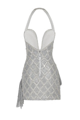 HANDMADE FULL EMBROIDERED SILVER MINI DRESS WITH METALLIC DRAPE DETAIL