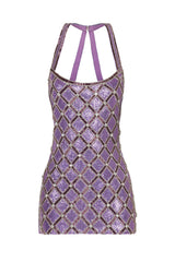 HANDMADE FULL EMBROIDERED LILAC MINI DRESS WITH METALLIC BACK DRAPE DETAIL