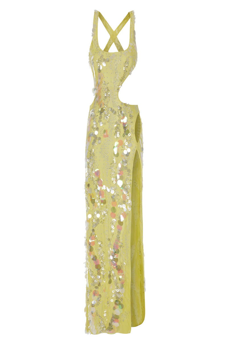 YELLOW MAXI DRESS WITH DEEP SLIT EMBELLISHED WITH COLORFUL SEQUINS