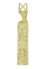 YELLOW MAXI DRESS WITH DEEP SLIT EMBELLISHED WITH COLORFUL SEQUINS