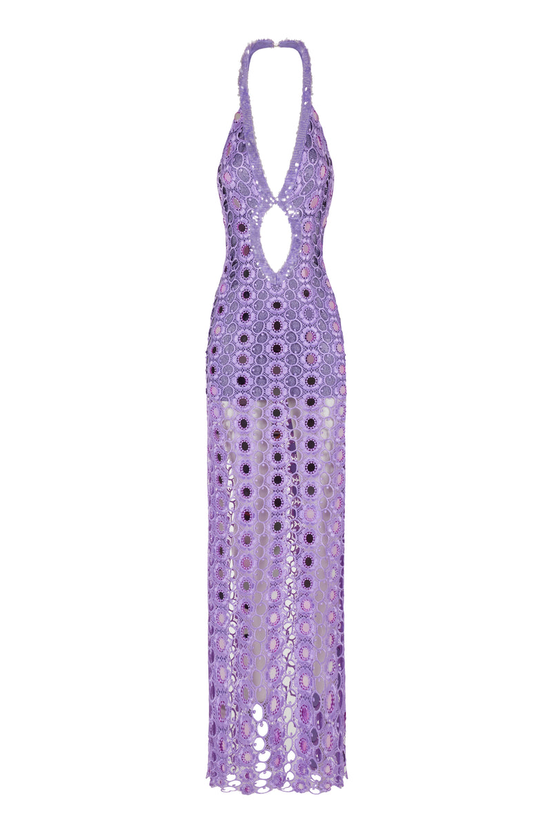 LILAC LACE MAXI DRESS EMBELLISHED WITH MIRROR SEQUINS