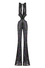 BLACK JUMPSUIT COLORFUL STONE TRIM WITH SIDE AND FRONT CUT DETAILS