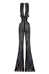 BLACK JUMPSUIT COLORFUL STONE TRIM WITH SIDE AND FRONT CUT DETAILS