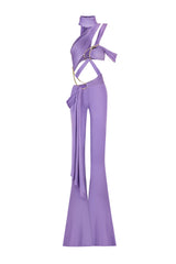 SCARF NECK JUMPSUIT WITH ACCESSORIES AND DRAPE DETAILS