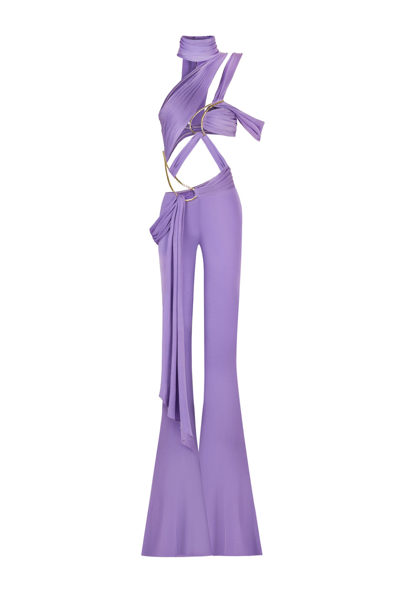 SCARF NECK JUMPSUIT WITH ACCESSORIES AND DRAPE DETAILS