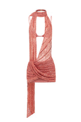 TERRACOTTA MINI DRESS WITH DEEP CUT OUT AND DRAPE DETAILS