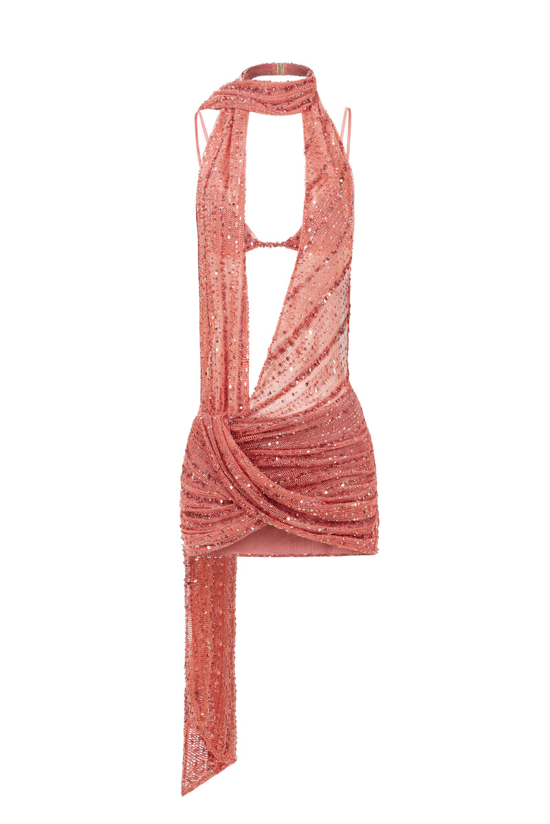TERRACOTTA MINI DRESS WITH DEEP CUT OUT AND DRAPE DETAILS