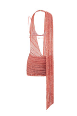 TERRACOTTA MINI DRESS WITH DEEP CUT OUT AND DRAPE DETAILS
