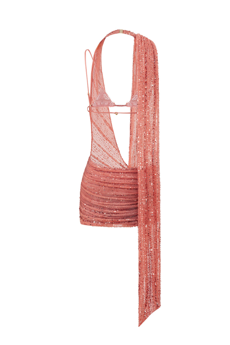 TERRACOTTA MINI DRESS WITH DEEP CUT OUT AND DRAPE DETAILS