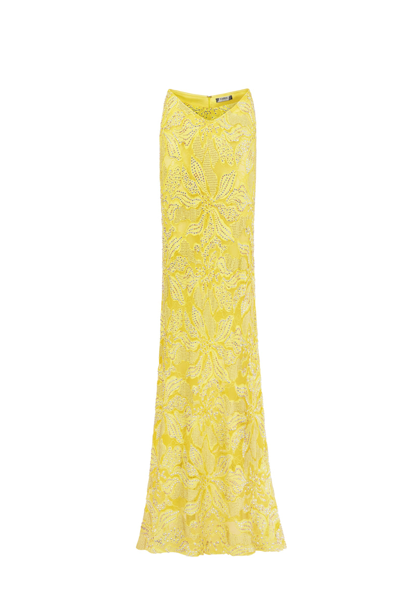 YELLOW LACE FLORAL MAXI SKIRT