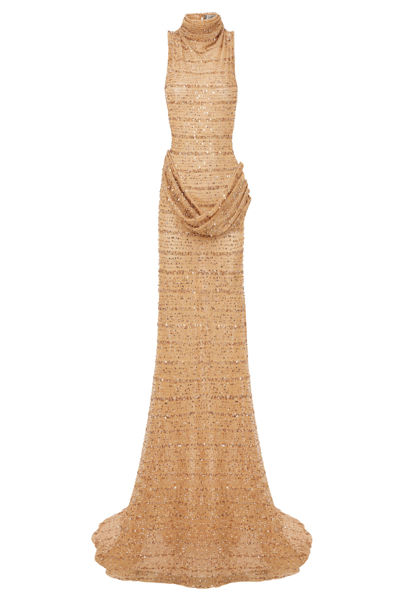 NUDE SEQUIN MAXI DRESS WITH KNOT DETAILS ON BACK – Fardaofficial