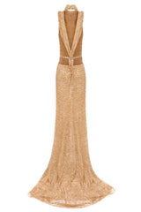 NUDE SEQUIN MAXI DRESS WITH KNOT DETAILS ON BACK
