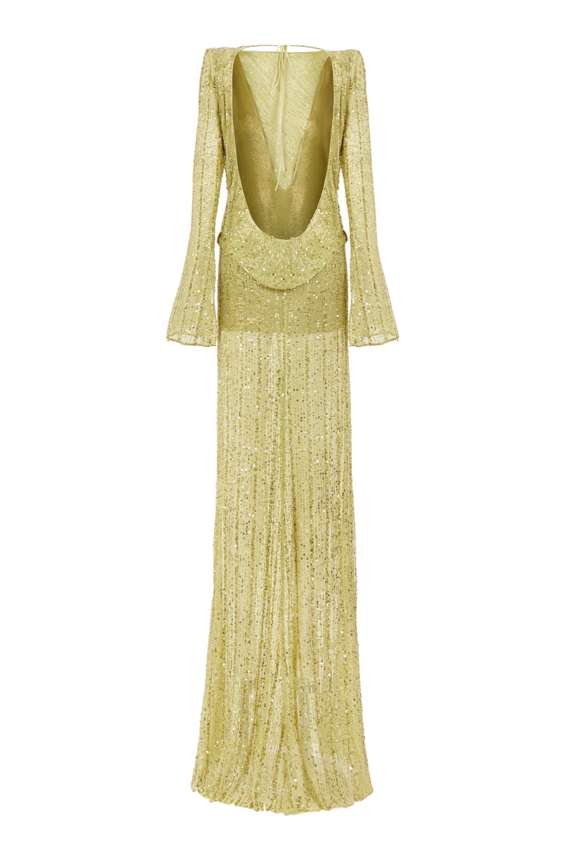 light yellow dress long sleeve Long Sleeve Pearl Embellished Maxi Dress Yellow