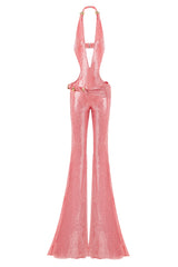 PLUNGING V NECK PINK JUMPSUIT WITH GOLD ACCESSORIES