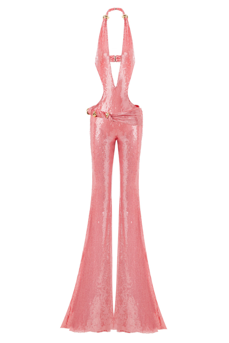 PLUNGING V NECK PINK JUMPSUIT WITH GOLD ACCESSORIES