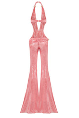 PLUNGING V NECK PINK JUMPSUIT WITH GOLD ACCESSORIES