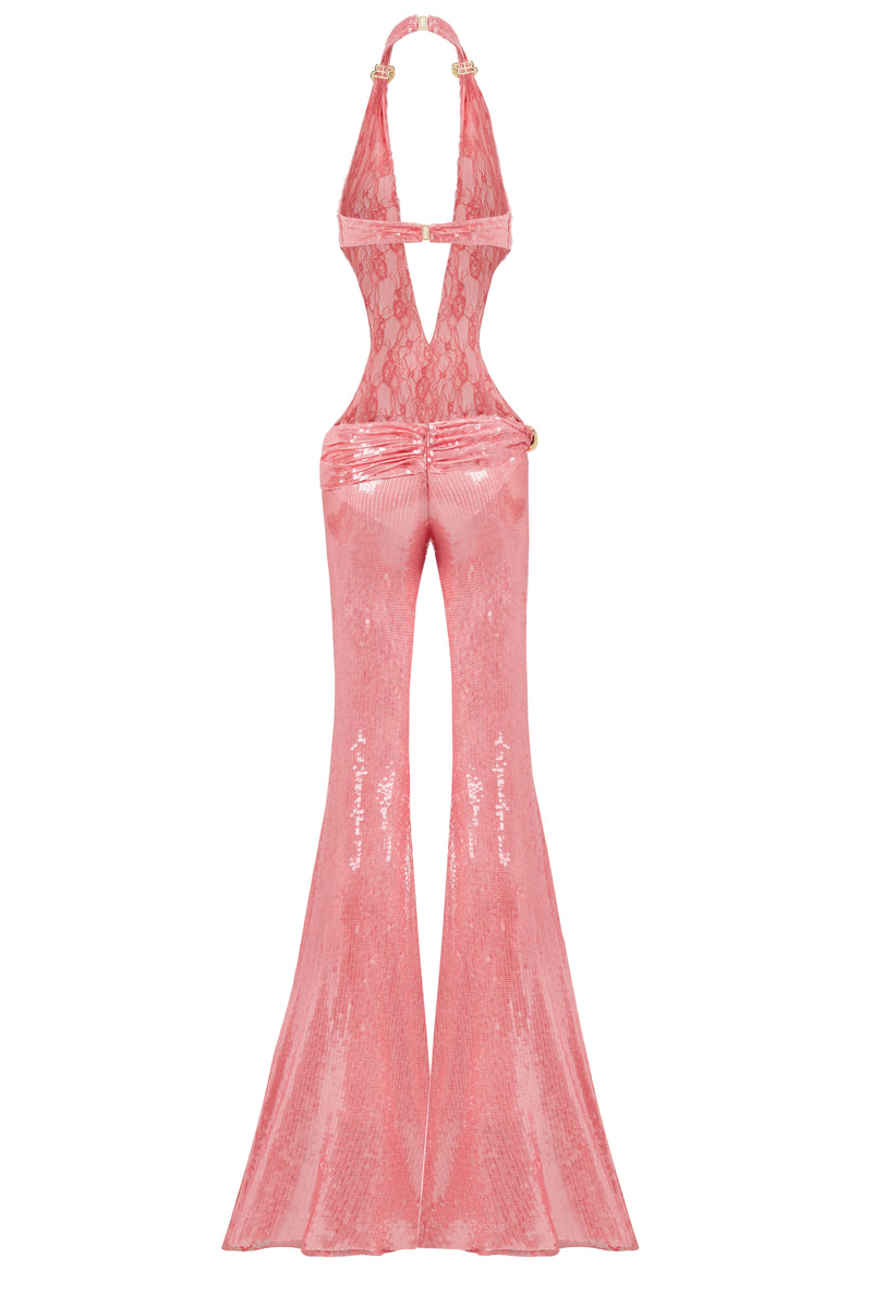 PLUNGING V NECK PINK JUMPSUIT WITH GOLD ACCESSORIES