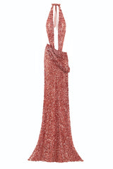 DEEP CUTOUT TERRACOTTA MAXI DRESS EMBELLISHED WITH SEQUINS