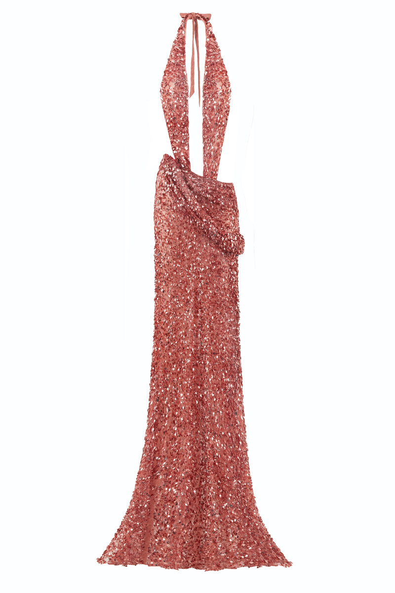 DEEP CUTOUT TERRACOTTA MAXI DRESS EMBELLISHED WITH SEQUINS