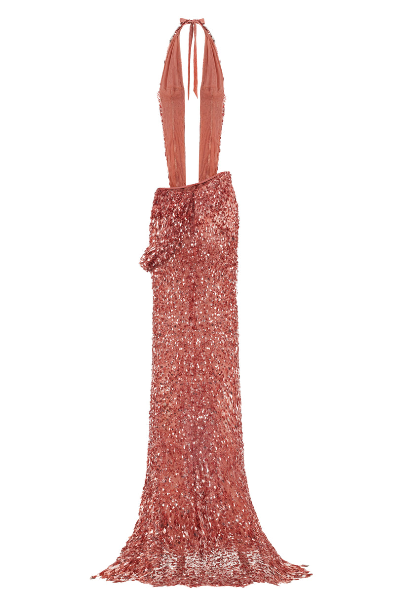 DEEP CUTOUT TERRACOTTA MAXI DRESS EMBELLISHED WITH SEQUINS Fardaofficial DEEP CUTOUT TERRACOTTA MAXI DRESS EMBELLISHED WITH SEQUINS Fardaofficial