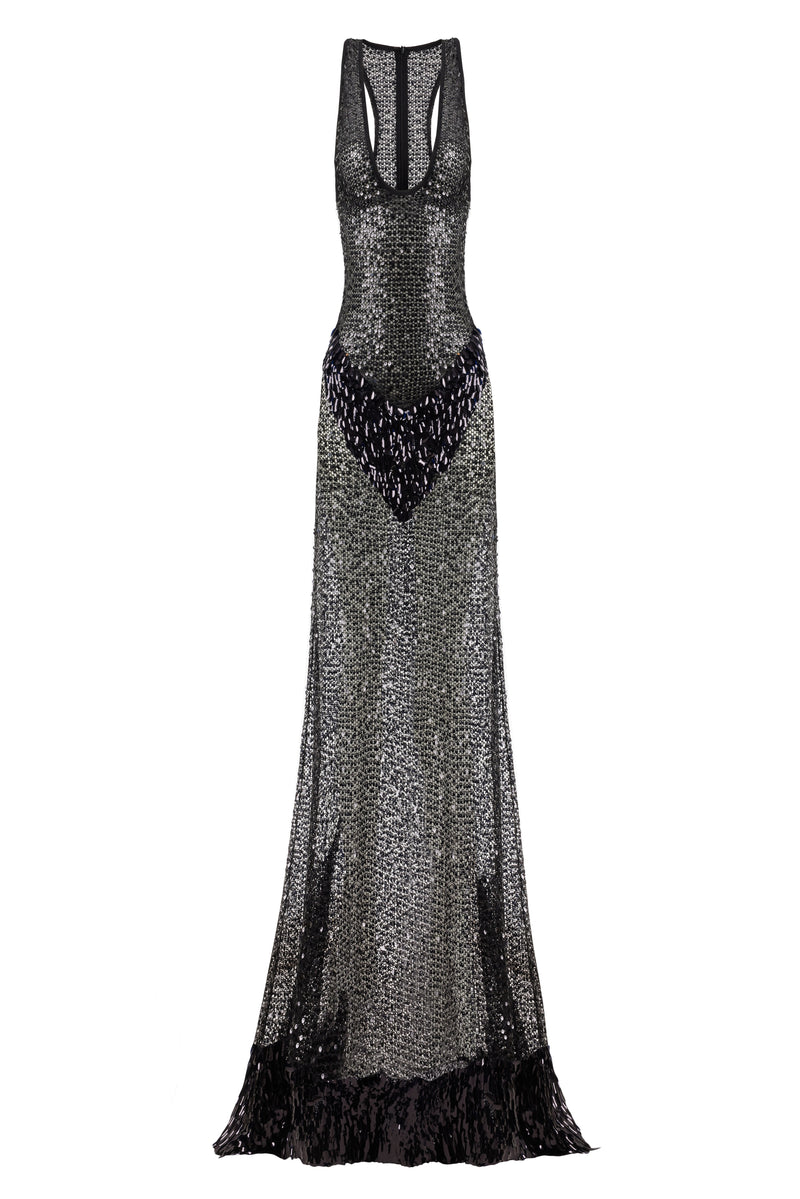BLACK TRANSPARENT SEQUIN MAXI DRESS