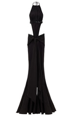 HALTER NECK BLACK  DRAPED JUMPSUIT  EMBELLISHED WITH SEQUINS