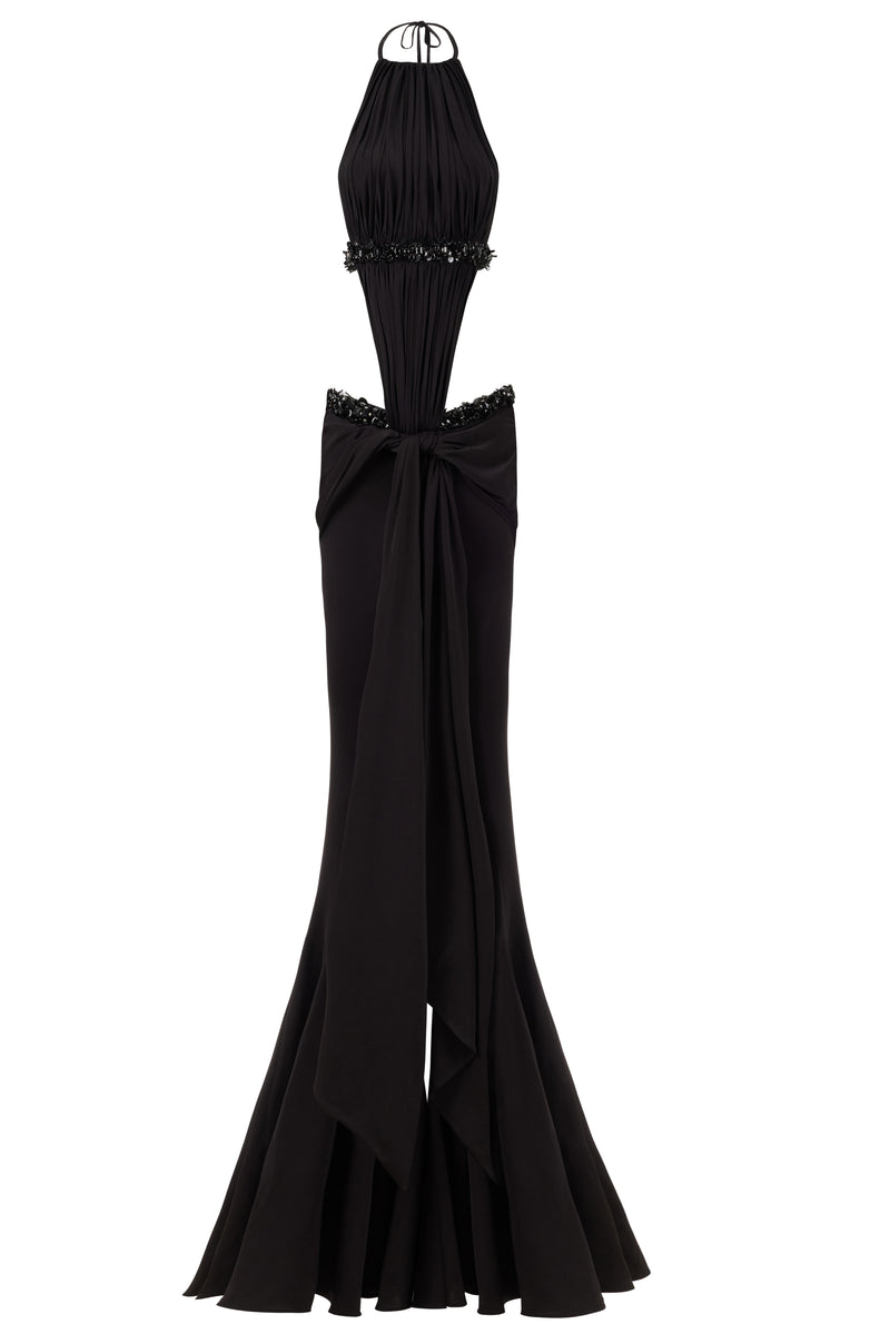 HALTER NECK BLACK  DRAPED JUMPSUIT  EMBELLISHED WITH SEQUINS