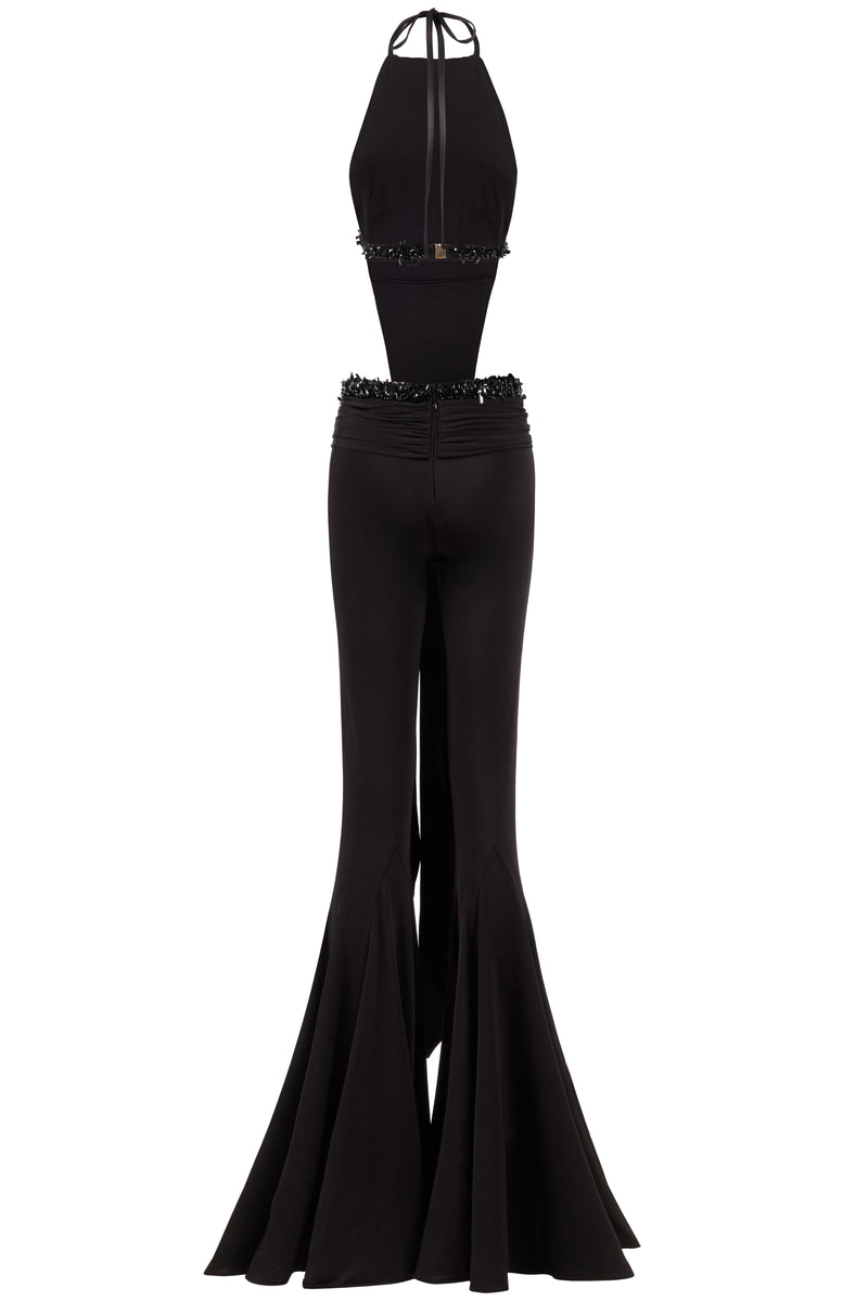 HALTER NECK BLACK  DRAPED JUMPSUIT  EMBELLISHED WITH SEQUINS