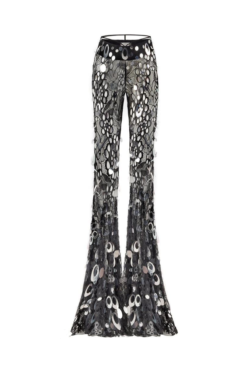 BLACK LACE TRANSPARENT PANTS EMBELLISHED WITH SEQUINS