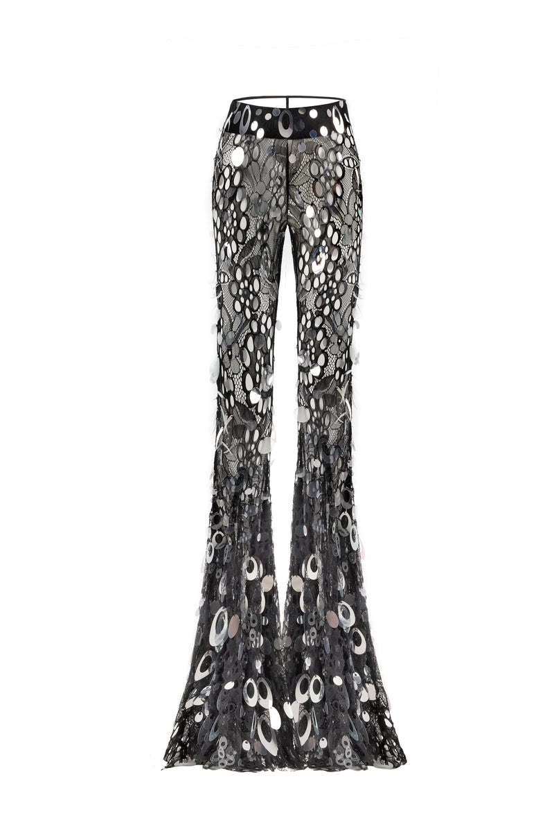 BLACK LACE TRANSPARENT PANTS EMBELLISHED WITH SEQUINS