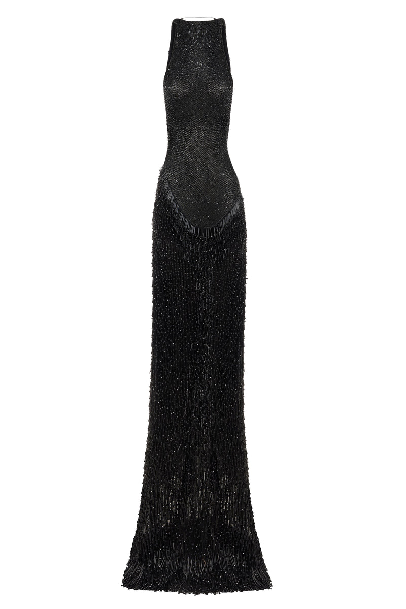 HALTER NECK FRINGED MAXI DRESS