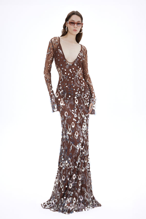 HANDMADE BROWN LACE MAXI DRESS WITH SEQUINS