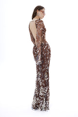 HANDMADE BROWN LACE MAXI DRESS WITH SEQUINS