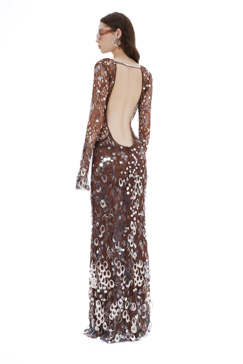 HANDMADE BROWN LACE MAXI DRESS WITH SEQUINS