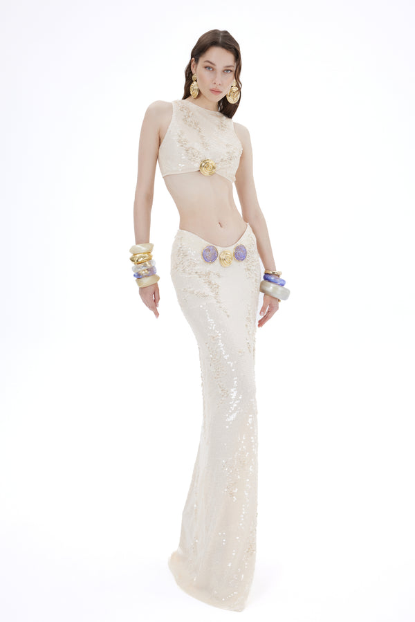 ECRU SEQUIN MAXI SKIRT WITH GOLD AND EPOXY ACCESSORIES