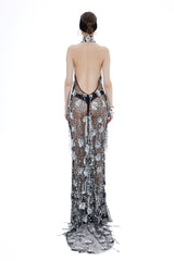 HANDMADE FISHNET MAXI DRESS WITH SEQUIN FLOWER EMBROIDERY