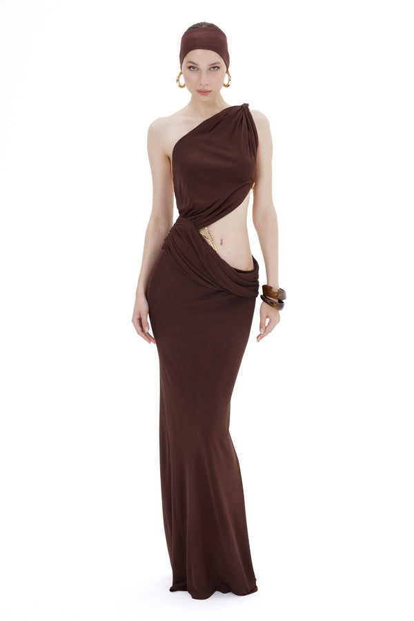 ONE SHOULDER MAXI DRESS WITH GOLD ACCESSORY