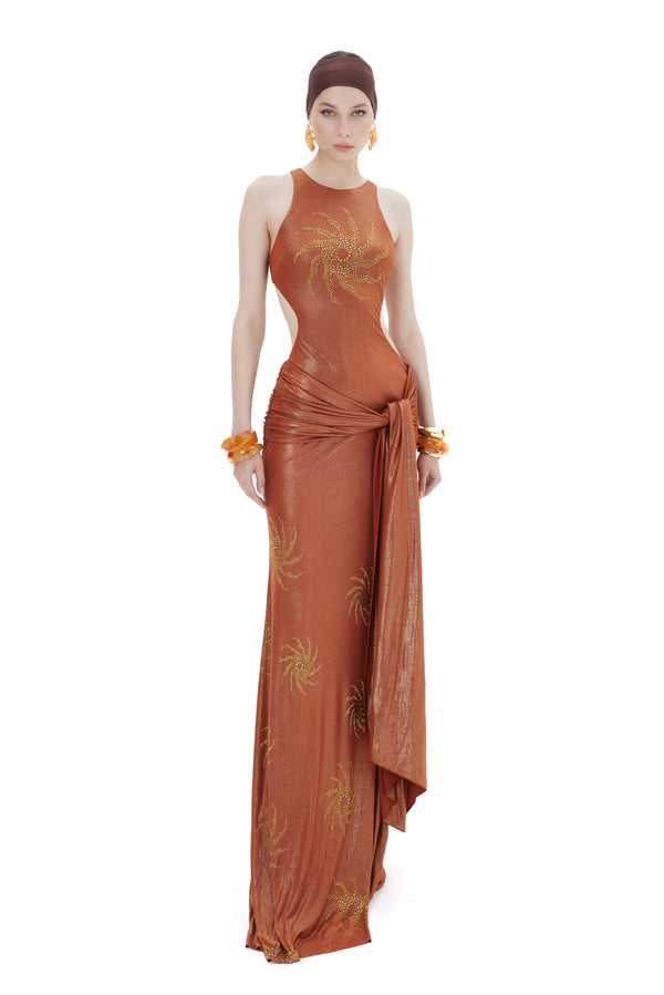 TERRA COTA MAXI DRESS WITH FLOWER STONE TRIM