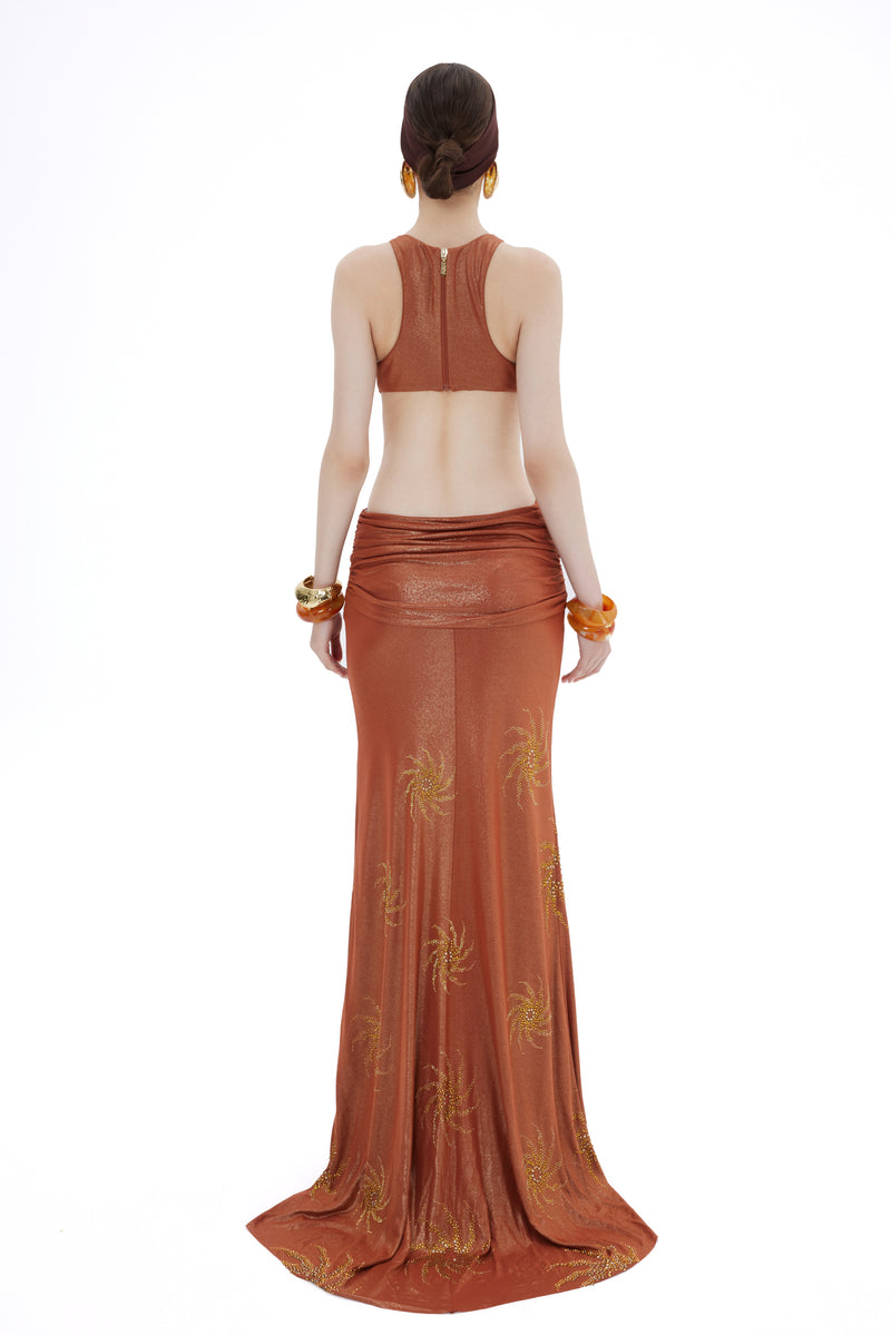 TERRA COTA MAXI DRESS WITH FLOWER STONE TRIM