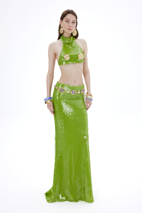 GREEN SEQUIN MAXI SKIRT