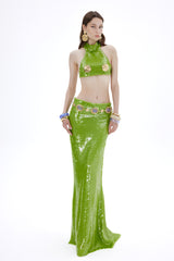 GREEN SEQUIN MAXI SKIRT