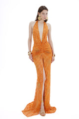 STONE TRIM ORANGE MAXI DRESS