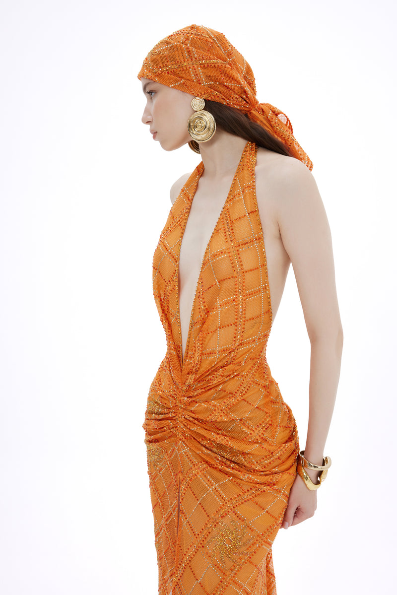 STONE TRIM ORANGE MAXI DRESS